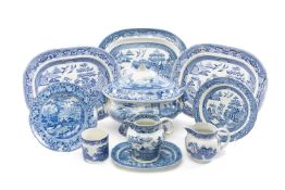 ASSORTED 19TH C. SWANSEA & STAFFORDSHIRE BLUE & WHITE PRINTED POTTERY, including 4 Dillwyns 'Willow'