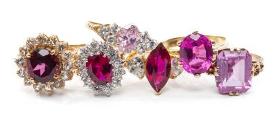 ASSORTED RUBY & PRESUMED PINK SAPPHIRE DRESS RINGS, including 9ct flower cluster, 15ct marquise & cz