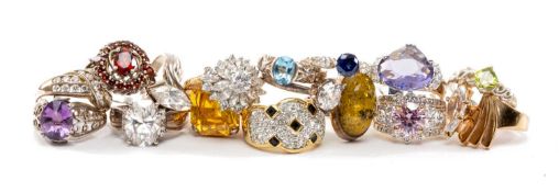 ASSORTED DRESS RINGS, silver and gold plated, set with coloured semiprecious stones and CZs/
