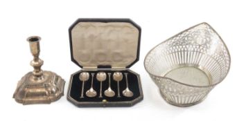 GROUP OF SILVER & PLATE comprising Dutch silver navette shaped bread basket, 11ozt, 32cms (w),