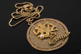 9CT GOLD 'GEMINI' PEARL PENDANT on 18ct gold chain, 14.8gms Provenance: private collection