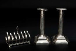 GROUP OF SILVER comprising pair of George V silver (loaded) column candlesticks, Sheffield 1917,