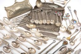 ASSORTED SILVER SPOONS, including 6 souvenir enamel spoons, set Mexican novelty pickle spoons and