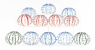 COLLECTION OF MURANO 'CAPRI' SEA URCHIN STYLE STEM VASES, 4 x red, 6 x blue, 2 x dark green, each