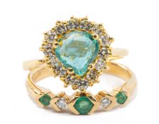 TWO EMERALD & DIAMOND RINGS, comprising 18ct drop-shaped halo ring and 9ct 5-stone ring, tot gross