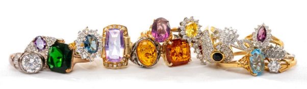ASSORTED DRESS RINGS, silver and gold plated, set with coloured semiprecious stones and CZs (16)