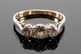 18CT GOLD & PLATINUM THREE STONE DIAMOND RING, 0.6cts overall approx., ring size N, 2.2gms in