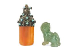 AUSTRO-HUNGARIAN AGATE SCENT BOTTLE, with enamelled, foliate engraved silver gilt and turquoise