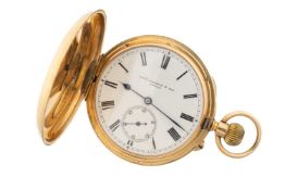18CT GOLD FULL HUNTER POCKET WATCH, the white enamel dial with Roman numerals and subsidiary seconds