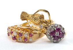 THREE 18CT GOLD RINGS, comprising a ruby & diamond flower cluster ring, ruby & diamond double row