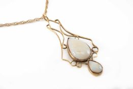 YELLOW METAL DOUBLE PEAR OPAL DROP PENDANT, on 9ct gold fine chain, 6.4gms Provenance: private
