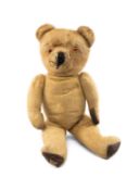 1950s CHAD VALLEY TEDDY BEAR, golden plush with glass eyes and growler, rexine pads, stitched