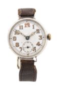 WWI SILVER TRENCH WATCH, white enamel dial, luminous Arabic hours, lume-infilled cathedral hands,