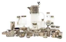 ASSORTED SILVER & EPNS, including Victorian cut glass claret jug with embossed collar, folding lid