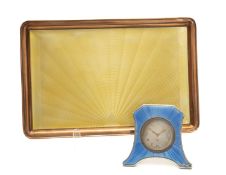 GUILLOCHE ENAMEL RESSING TABLE ACCESSORIES, comprising silver framed timepiece, 10cms (h) and