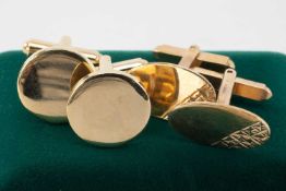 PAIR OF 9CT GOLD OVAL ENGRAVED CUFFLINKS, 5.8gms, together with pair of yellow metal cufflinks in