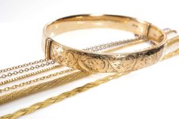 9CT GOLD CHAINS, including ropetwist, plaited, boxlink, belcher etc., and a hinged bracelet (with