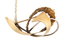 9CT GOLD BAR BROOCH of white, yellow and textured scroll design, 3.9gms Provenance: private