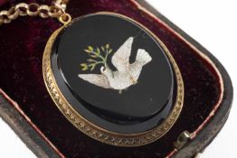 ITALIAN PIETRA DURA MICRO MOSAIC PENDANT, depicting a dove with olive branch on a black onyx
