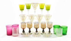 COLLECTION OF CONTEMPORARY GLASSWARE including 7 x MacKenzie-Childs hand-painted wine goblets, 4 x