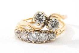 18CT GOLD TWO STONE DIAMOND RING, twist shank, ring size K, together with yellow metal five stone