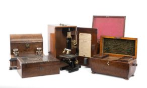 ASSORTED 19TH C. BOXES & MICROSCOPE, comprising yew wood sarcophagus tea caddy, in stand, writing