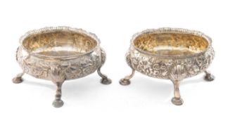 PAIR GEORGE III SILVER SALTS, Robert Hennell I, London 1772, oval with rocaille rims, floral