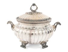 ITALIAN 800 STANDARD SILVER TUREEN & COVER, lobed oval form with laurel leaf borders, twin