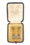 PAIR OF BELIEVED AQUAMARINE PEAR DROP EARRINGS, yellow and white metal set, 3.1gms gross in