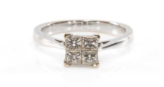 18CT DIAMOND RING, square set with 4 princess cut diamonds, tot diamond wt appr. 1ct, gross wt. 3.4g