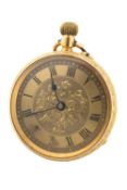18K GOLD FANCY OPEN FACED POCKET WATCH, the dial with Roman numerals, overall scroll and foliate