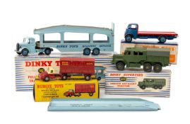 FOUR DINKY DIECAST TRUCKS, comprising 689 Medium Artillery Lorry, 512 Guy Flat Truck, 582 Pullmore