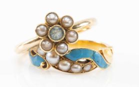 TWO YELLOW METAL RINGS comprising a 9ct gold aquamarine and seed pearl flowerhead ring, and a yellow
