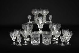 ANTIQUE GLASSWARE SUITE, facet cut, engraved with grapevines, comprising, 5 x rummers, 2 x tumblers,
