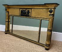 WILLIAM IV PARCEL GILT OVERMANTEL MIRROR with egg and dart cornice above ebonised putti frieze,