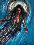 ‡ ANDREW VICARI (Welsh b.1932) oil on canvas - a flying witch? with wand, signed, 49 x 39cms