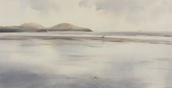 ‡ JONATHAN TAYLOR (English lives Wales b.1962) watercolour - figures walking on a vast open beach,