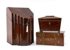 19TH CENTURY BOXES comprising late Georgian mahogany and boxwood strung knife box of shaped outline,