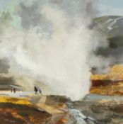 ‡ ALLAN B. LAYCOCK (English b.1928) oil on card - figures walking next to an erupting geyser, signed