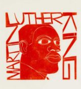 ‡ PAUL PETER PIECH (American-Welsh 1920-1996) woodcut - Martin Luther King in red, 30 x 28cms