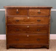 19TH CENTURY MAHOGANY CHEST, fitted five drawers with bone escutcheons, later handles, draped apron,