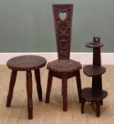 THREE SMALL ITEMS OCCASIONAL FURNITURE comprising Welsh spinning stool, well carved with dragons and