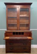 19TH C. MAHOGANY CROSSBANDED SECRETAIRE BOOKCASE, angled cornice, glazed arched doors, 4-drawer