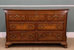 19TH. C OAK AND MAHOGANY CROSSBANDED LANCASHIRE CHEST, hinged top, three dummy upper drawers above