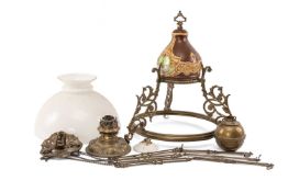 ART NOUVEAU POTTERY HANGING OIL LAMP, with opaque glass shade and rise-and-fall gilt metal