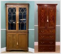 TWO ANTIQUE CABINETS comprising Welsh oak standing corner cabinet with astragal glazed doors on