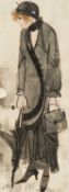 EARLY 2OTH C. SCHOOL mixed media on paper - 1920s styled female figure with purse and umbrella,