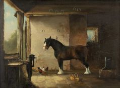‡ MICHAEL MATTHEWS (British 20th Century) oil on board - portrait of a shire horse in the stables,