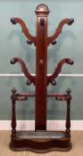 MID-19TH C. MAHOGANY HALL 'TREE', with four branches and turned coat/hat hooks, above a serpentine