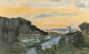‡ GWYN BROWN (Welsh. 20th C.) pastel - view of Amlwch Port, Tegfryn Gallery Menai Bridge label,